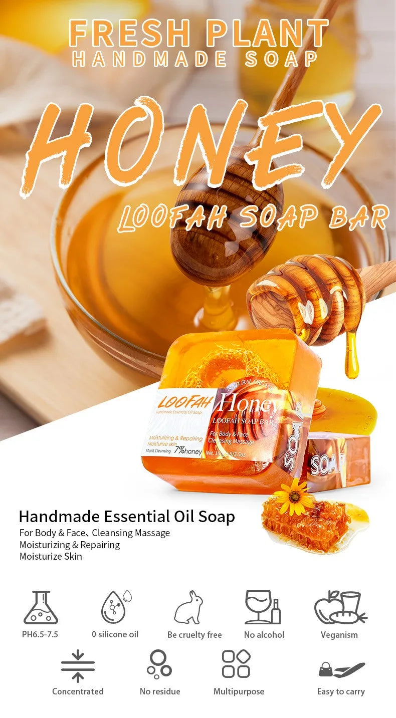 Savon Miel Loofah Visage 100g - Anti-Acné Tea Tree Citron Rose Blanchissant Artisanal Éponge