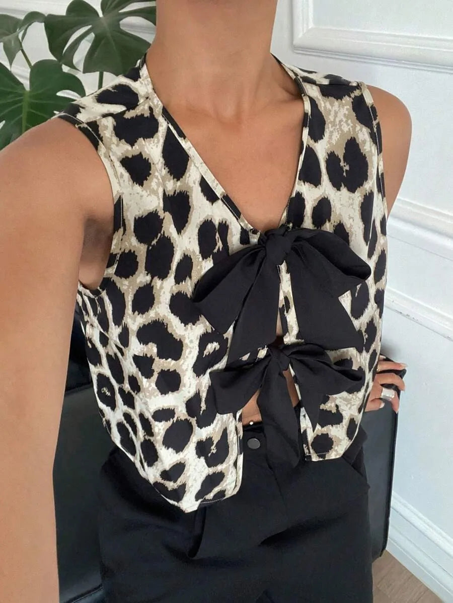 Débardeur Femme Léopard Col V Lacets - Dos Nu Sexy Casual Été