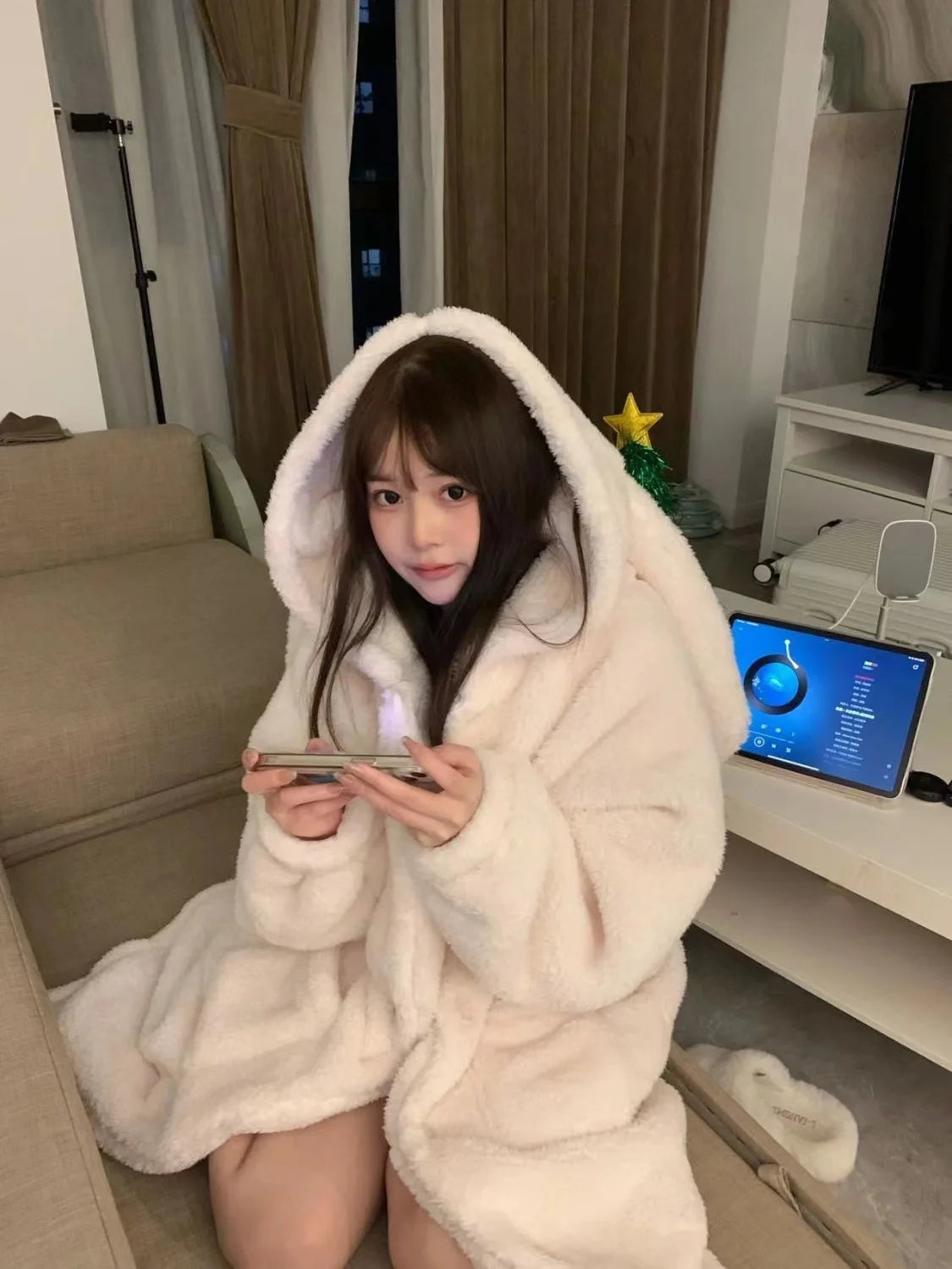 Peignoir Femme Polaire Oreilles de Lapin - Robe de Chambre Douce Automne Hiver - Homewear Cartoon