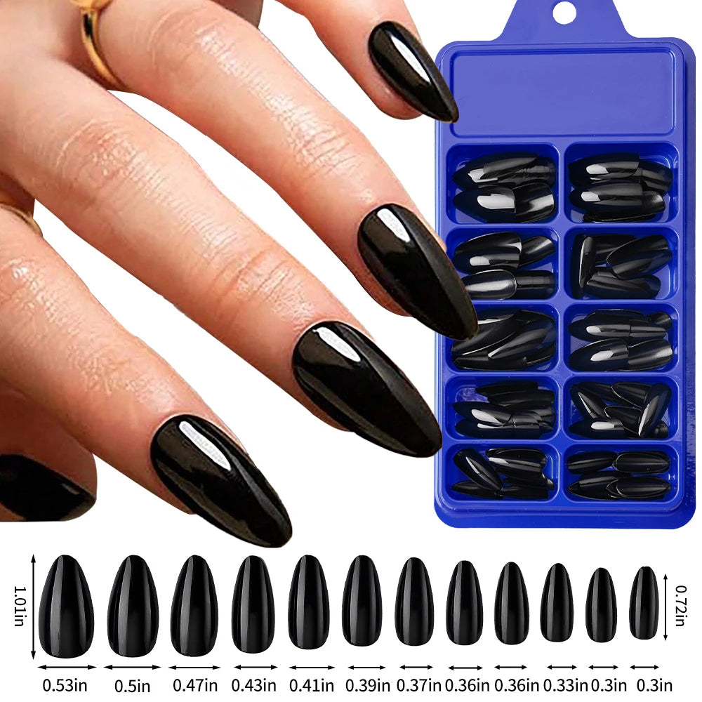Lot 100pcs Faux Ongles Amande Longueur Moyenne - Capsules Noir Mat Ballerine Manucure Artificiel Extension Ongles
