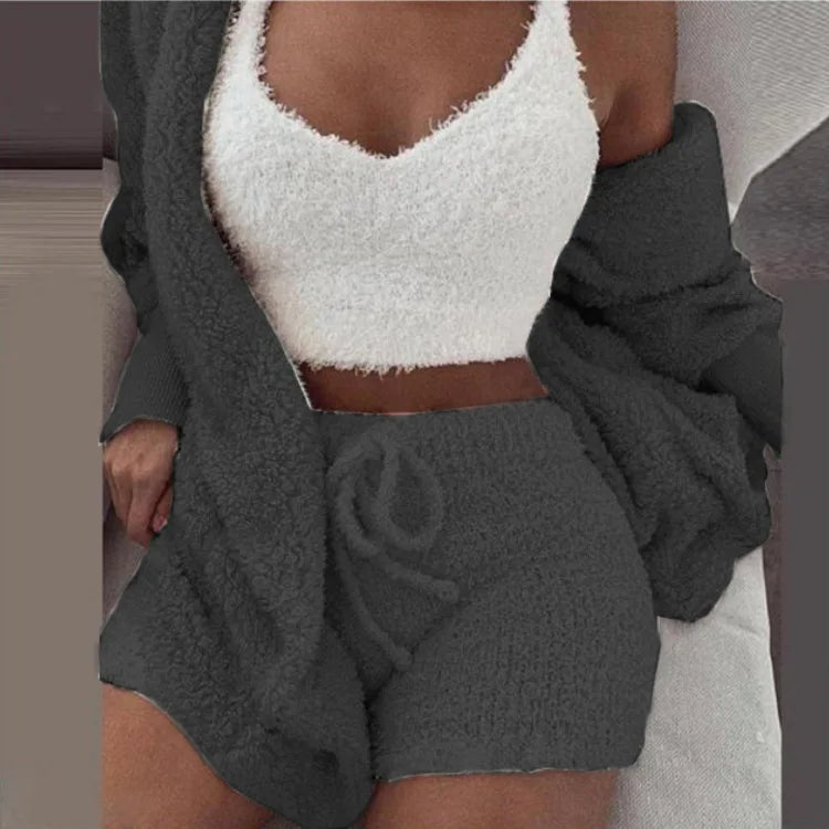 Ensemble Pyjama Fluffy 3 Pièces Femme - Hoodie Débardeur Short Grande Taille Hiver