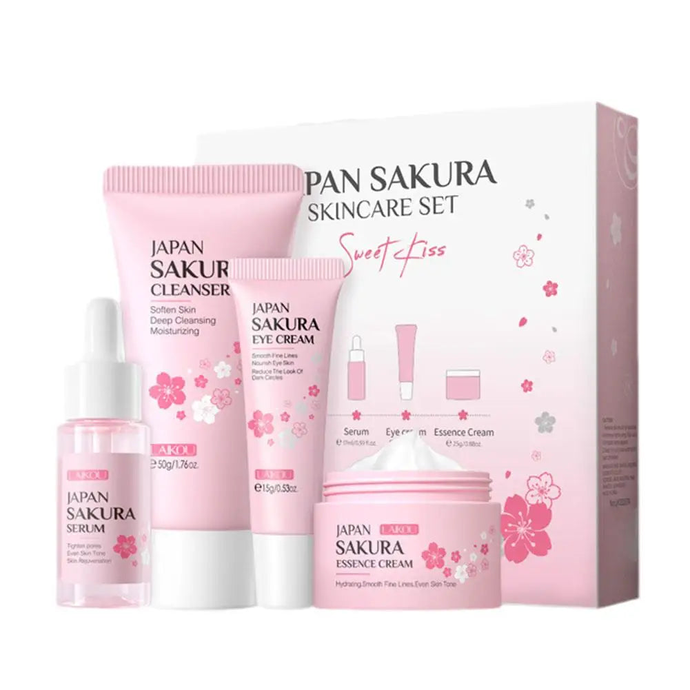 Coffret Soin Visage Sakura 4pcs - Nettoyant Tonique Sérum Crème Yeux Kit Beauté Femme Fille