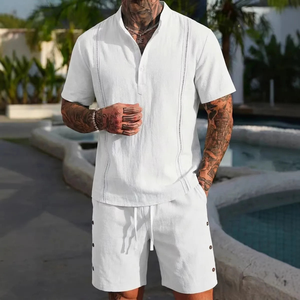 Ensemble Homme 2 Pièces Coton Lin - Chemise Manches Courtes Respirante & Short Casual Été
