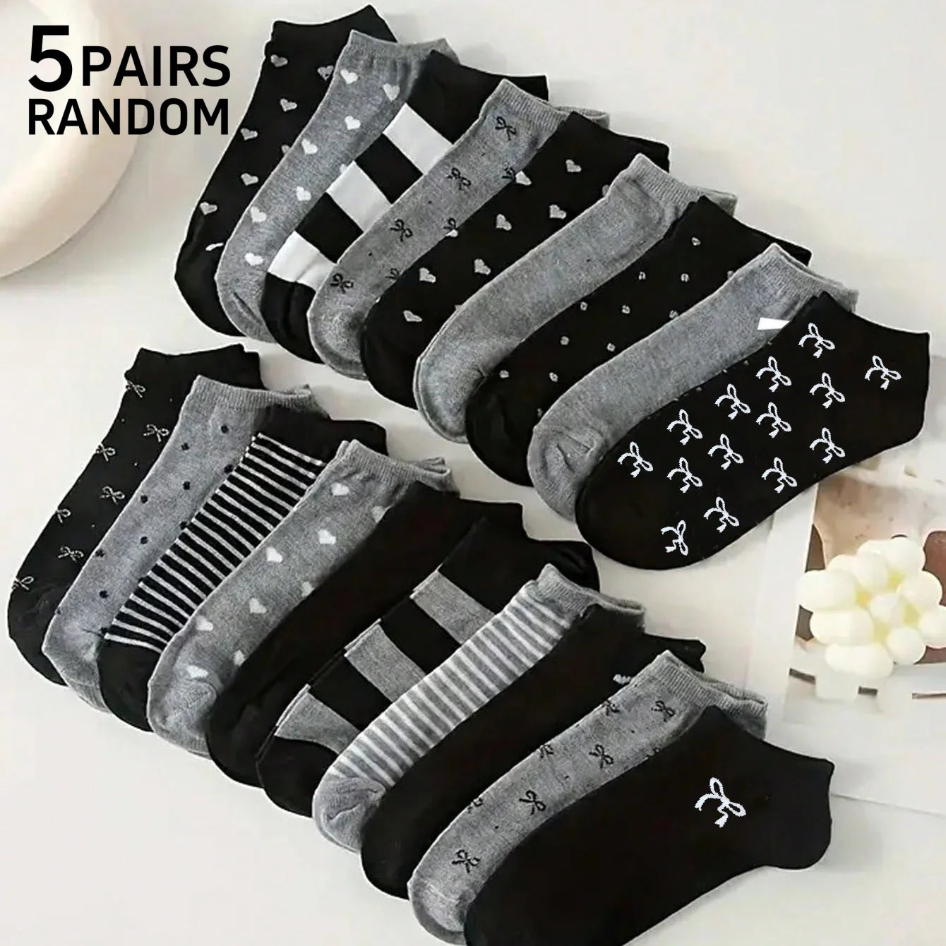Chaussettes Famille 3-20 Paires Assorties - Noir Gris Nœud Cœur Rayures Courtes Femme Homme Matching
