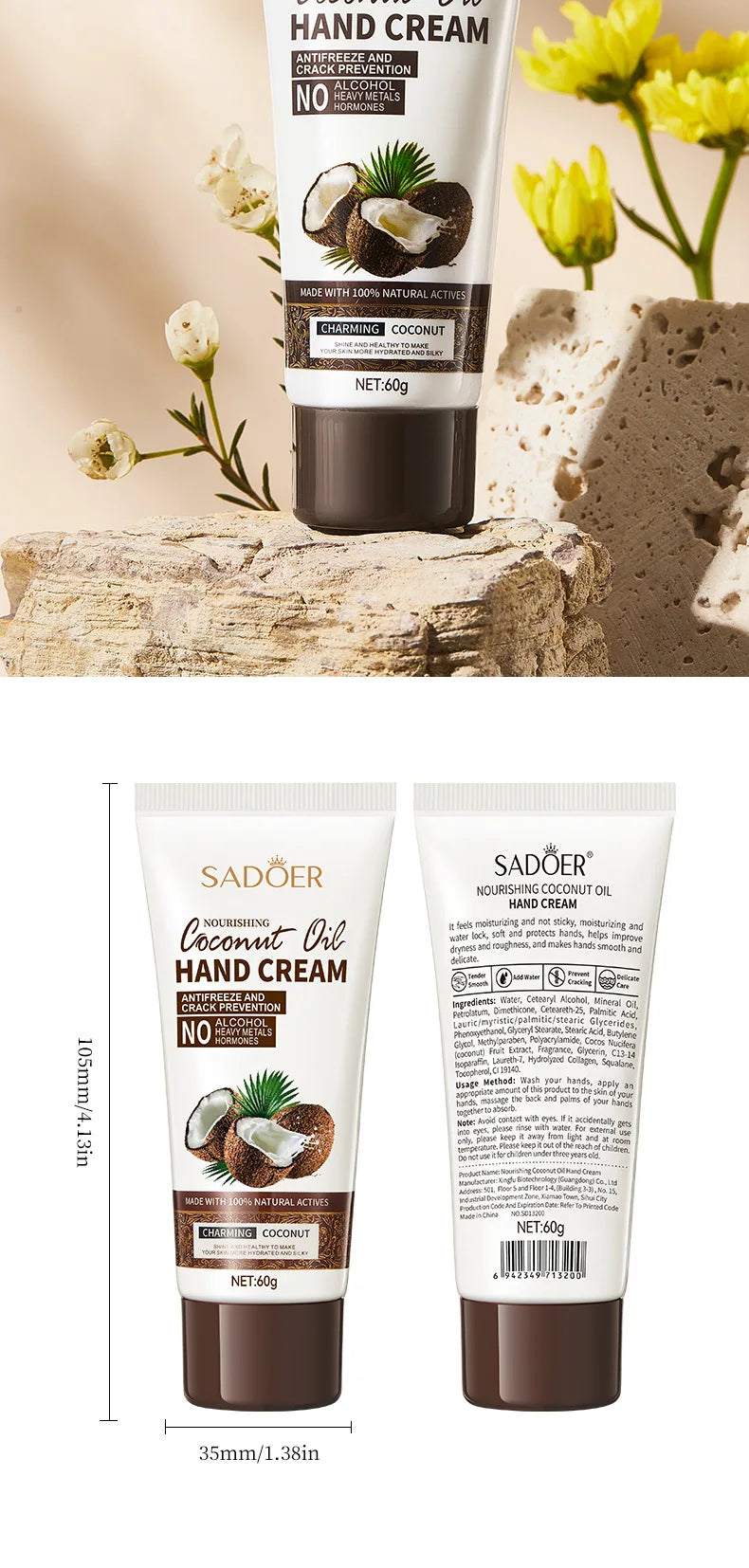 Crème Mains Noix de Coco 60g - Hydratante Nourrissante Anti-Crevasses Raffermissante Femme