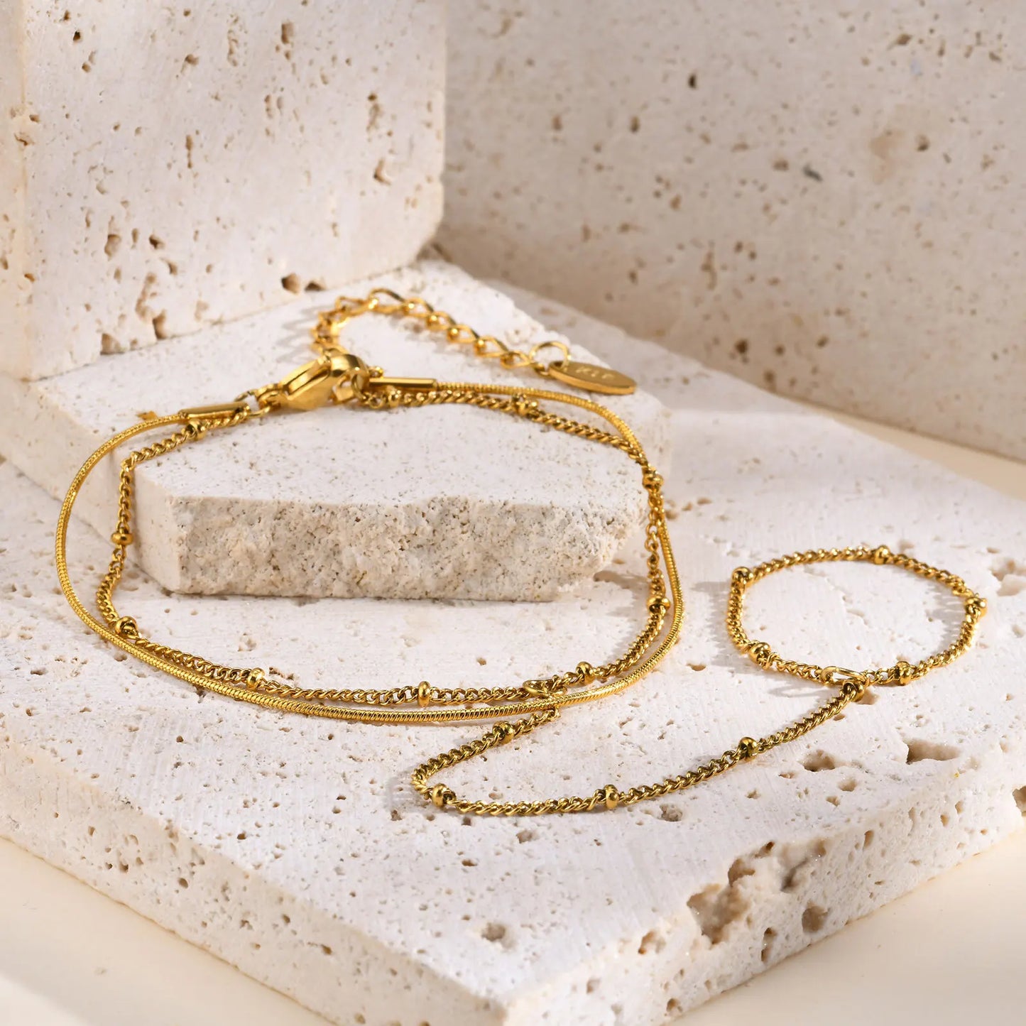 Bracelet Bague Chaîne Acier Inoxydable Femme - Bijou Main Perles Vnox Tendance Cadeau