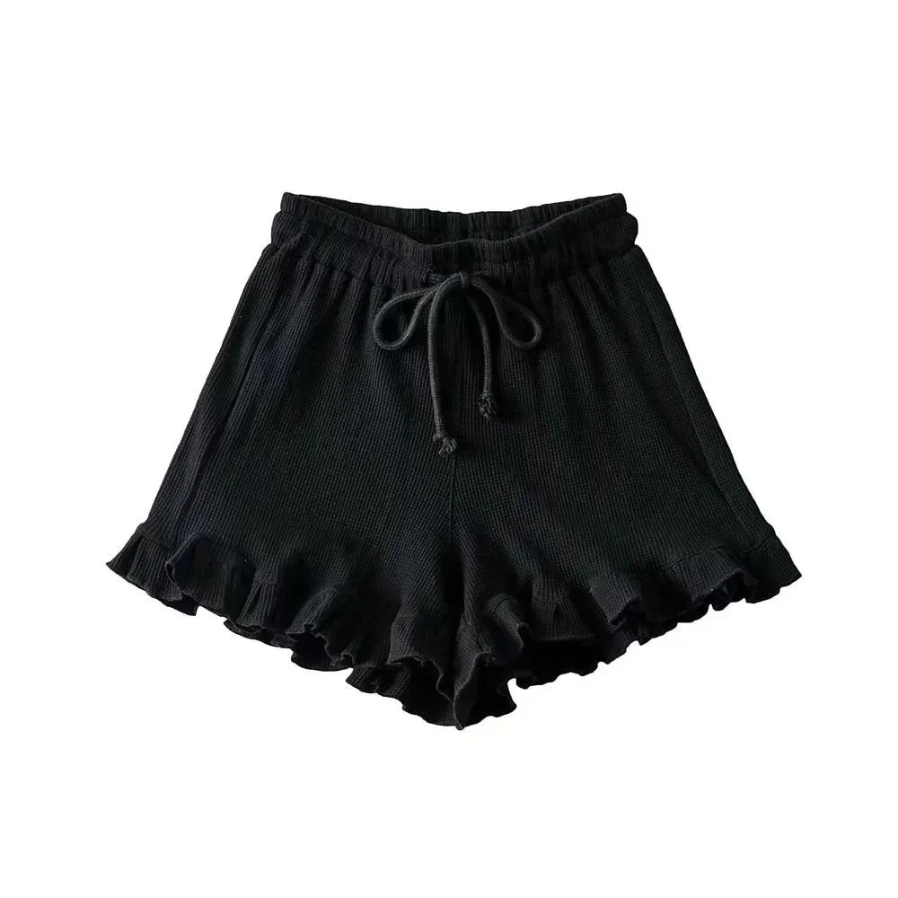 Short Casual Coton Taille Élastique Cordon - Côtelé Confortable Volants Homewear Été Femme