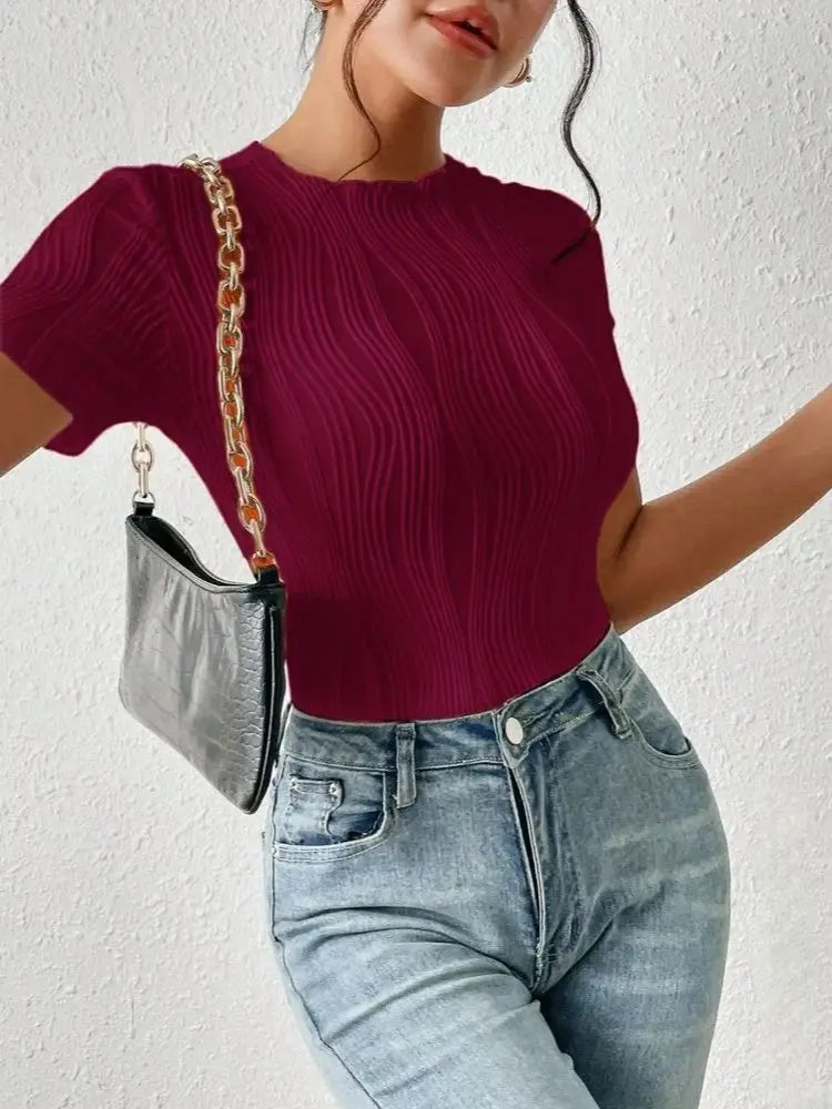 Body Femme Printemps/Été Manches Courtes - T-shirt Col Rond Jacquard Ondulé Stretch