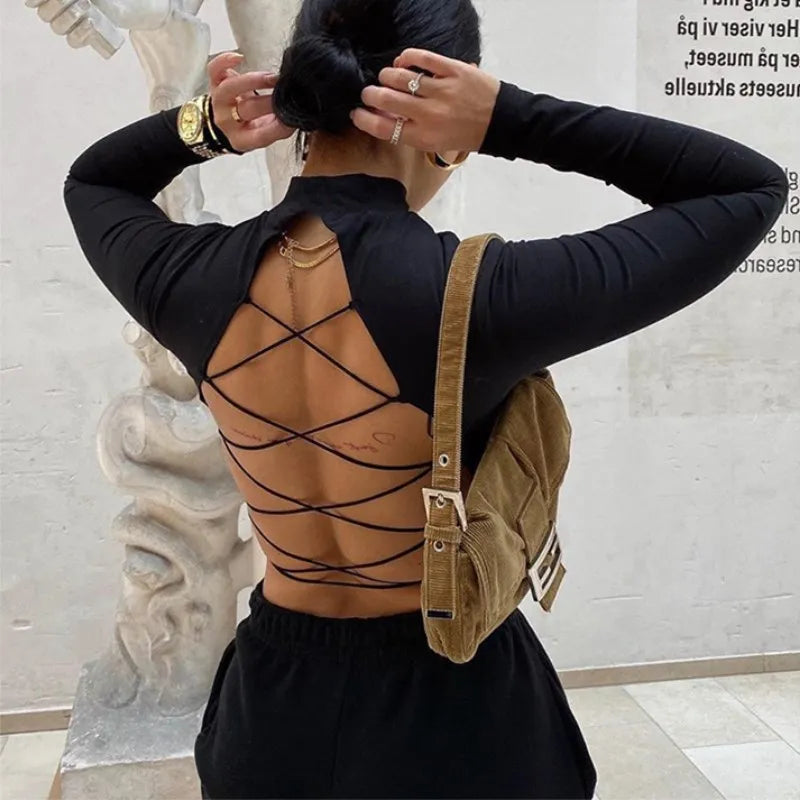 Top Ajouré Sexy Femme Lacé - T-Shirt Manches Longues Slim Streetwear Hipster