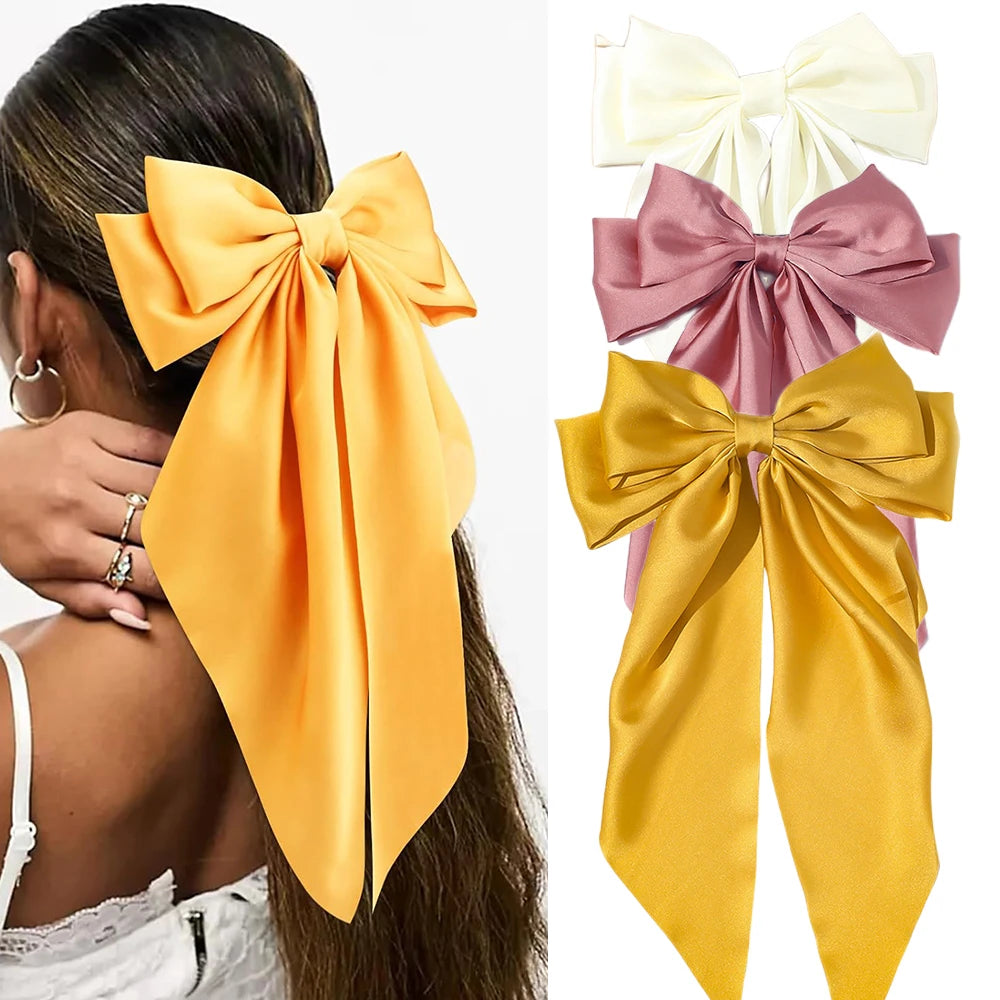 Barrette Cheveux Nœud Satin Coréen Femme Fille - Pince Ressort Grand Nœud Long Ruban Accessoires Mode Élégants