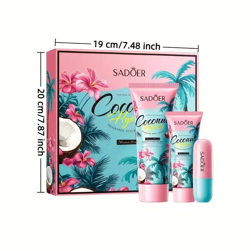 Coffret Cadeau Hydratant Coco 3 Pièces - Lotion Corps Crème Mains Baume Lèvres Nourrissant Hiver