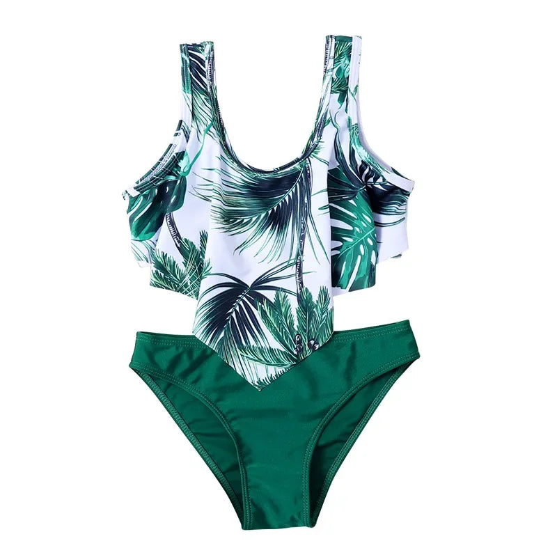 Bikini Fille 2 Pièces Imprimé Feuilles Tropicales - Tankini Sport Été