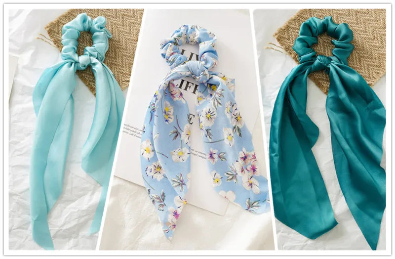 Lot 3pcs Chouchous Cheveux Long Ruban Noué Femme Fille - Élastiques Queue de Cheval Bandeau Accessoires Mode