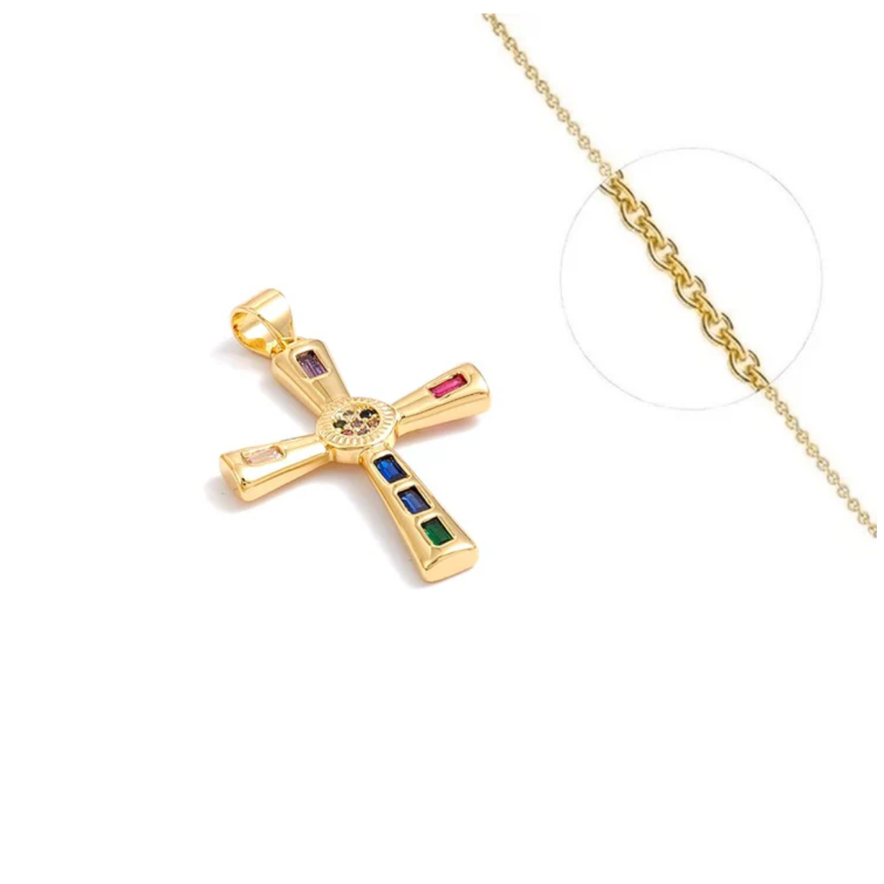 Collier Doré Chaîne & Pendentif Croix Zirconiums Multicolores