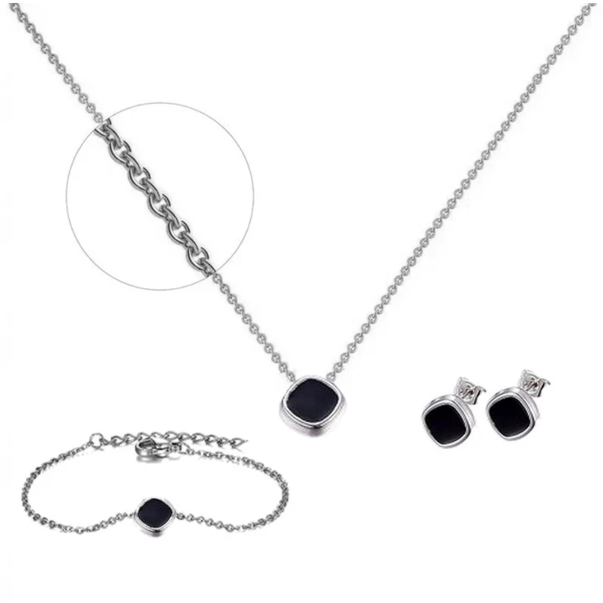 Parure 3 Pièces Collier Boucles d'Oreilles Bracelet - Acier Inoxydable Émail Noir