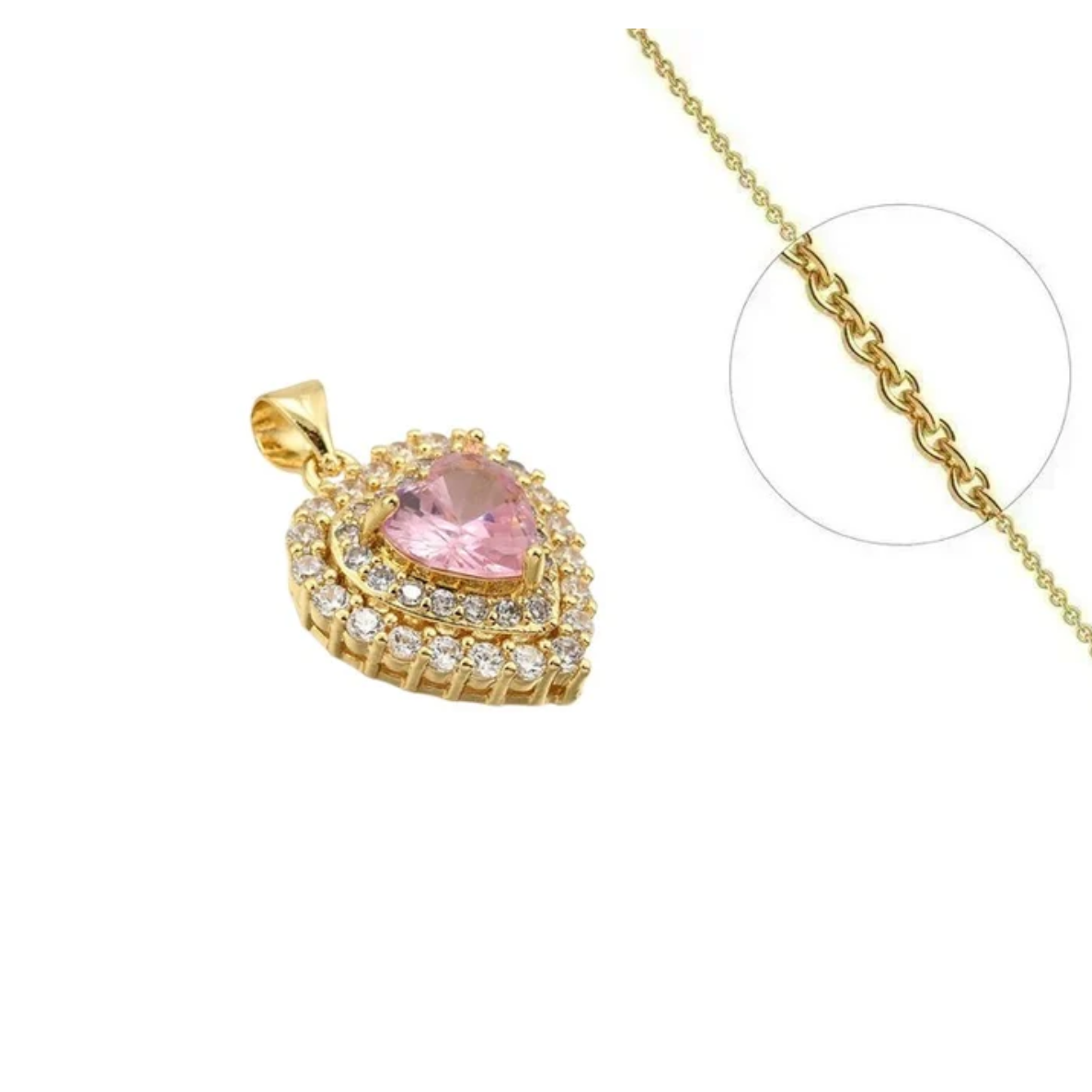 Collier joli coeur rose zirconiums sertis plaqué or