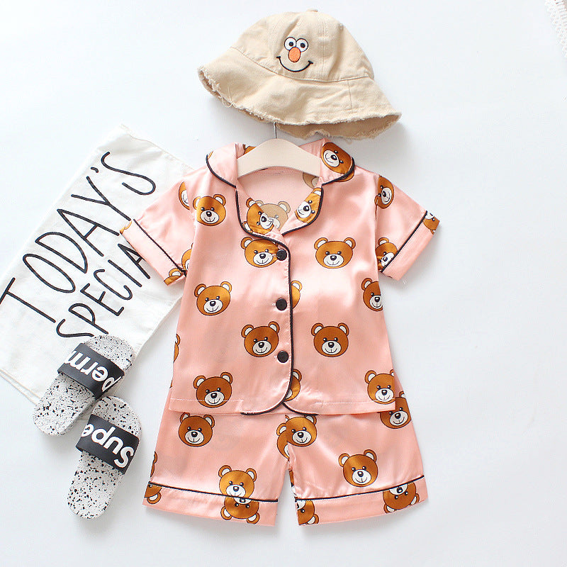 Kids Cartoon Bear Pajama Set - Ice Silk Satin Summer Sleepwear