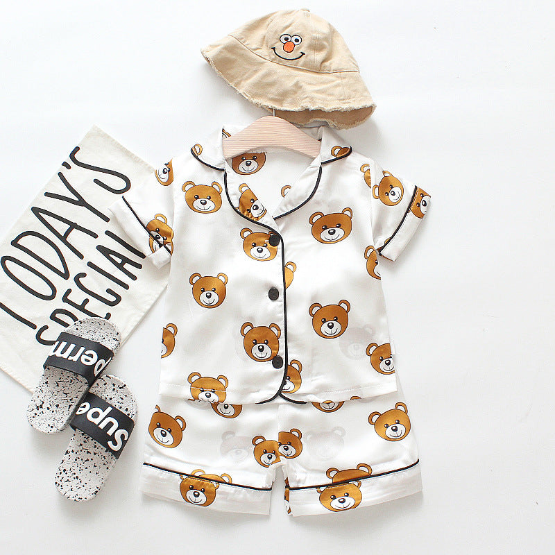 Kids Cartoon Bear Pajama Set - Ice Silk Satin Summer Sleepwear
