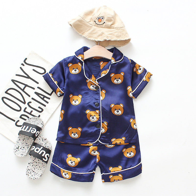 Kids Cartoon Bear Pajama Set - Ice Silk Satin Summer Sleepwear