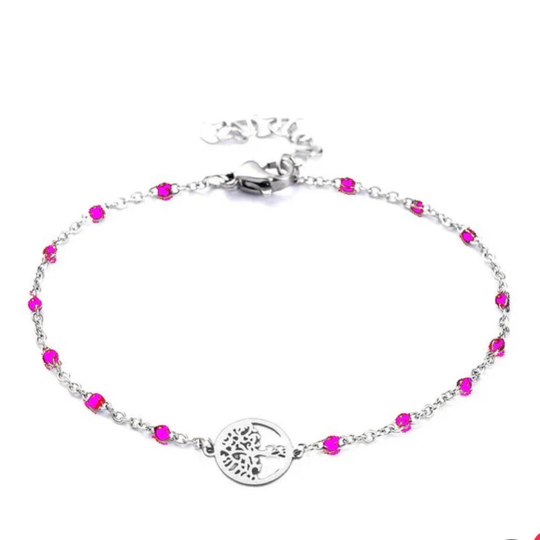 Bracelet Acier Inoxydable Maille Forçat Perles Fushia Arbre de Vie