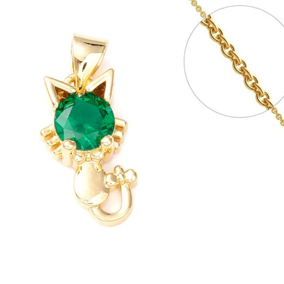 Collier petit chat diamant CZ vert plaqué or