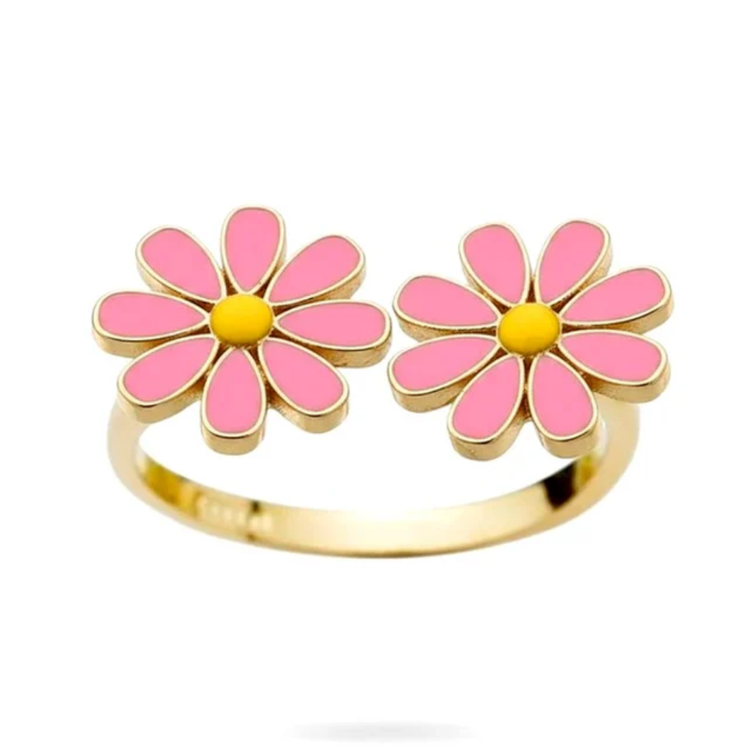Bague femme réglable double fleur pâquerette rose plaqué or