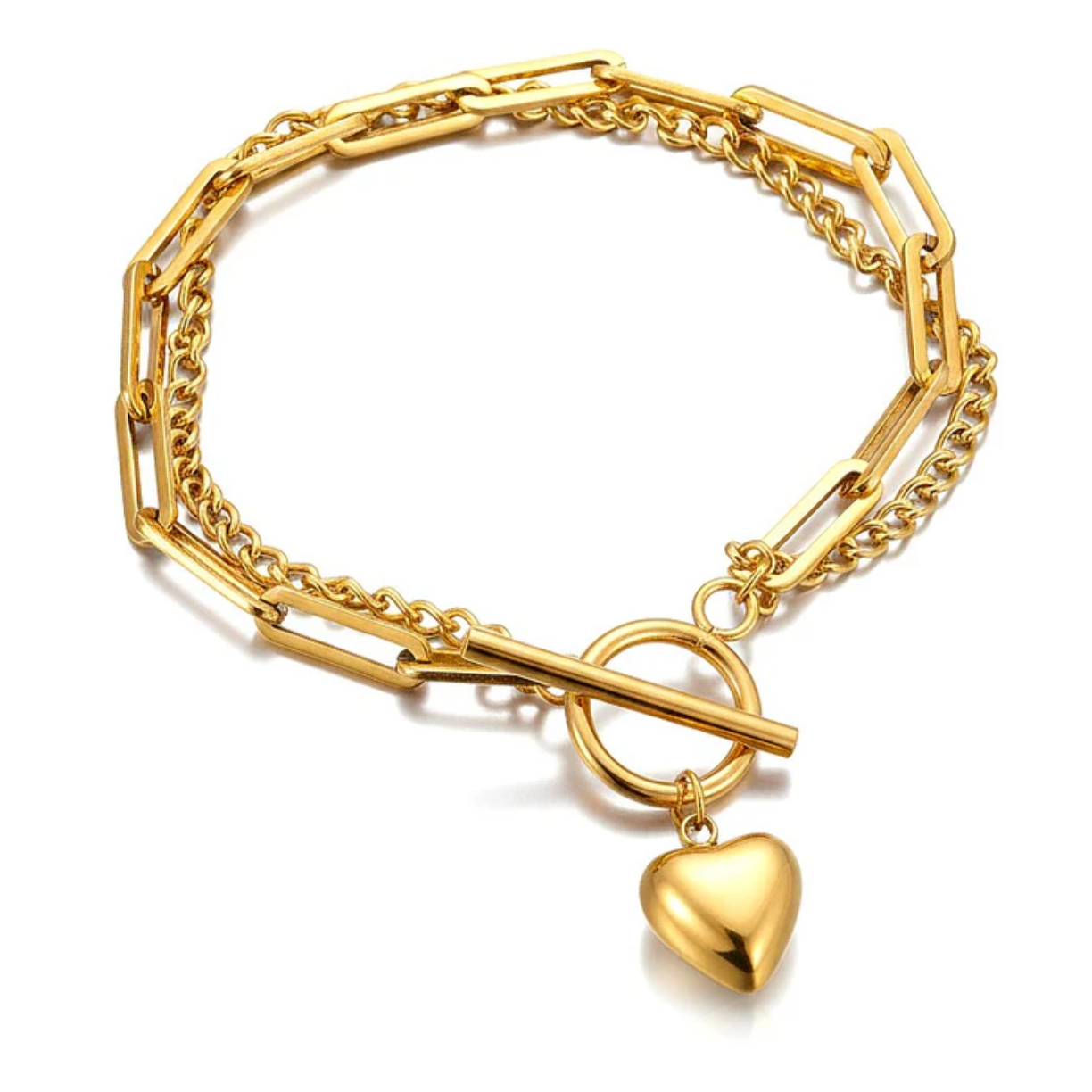 Bracelet Acier Inoxydable Doré Double Chaîne Trombone Gourmette Breloque Cœur