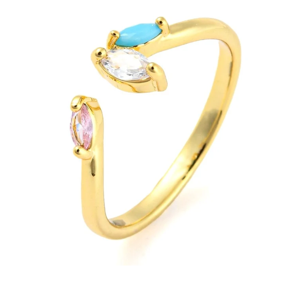 Bague réglable 3 zirconiums rose bleu blanc plaqué or