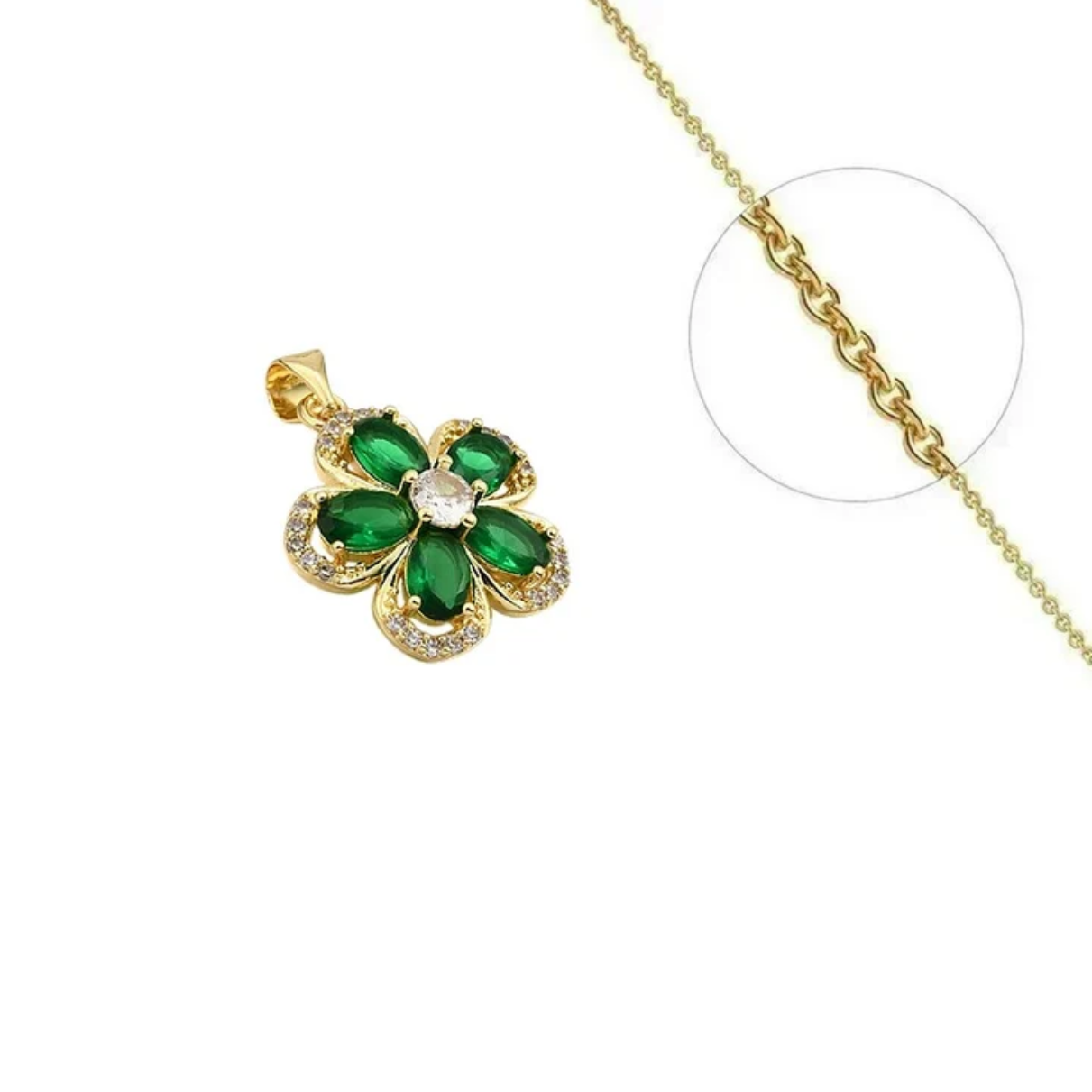 Collier fleur vert zirconiums sertis plaqué or