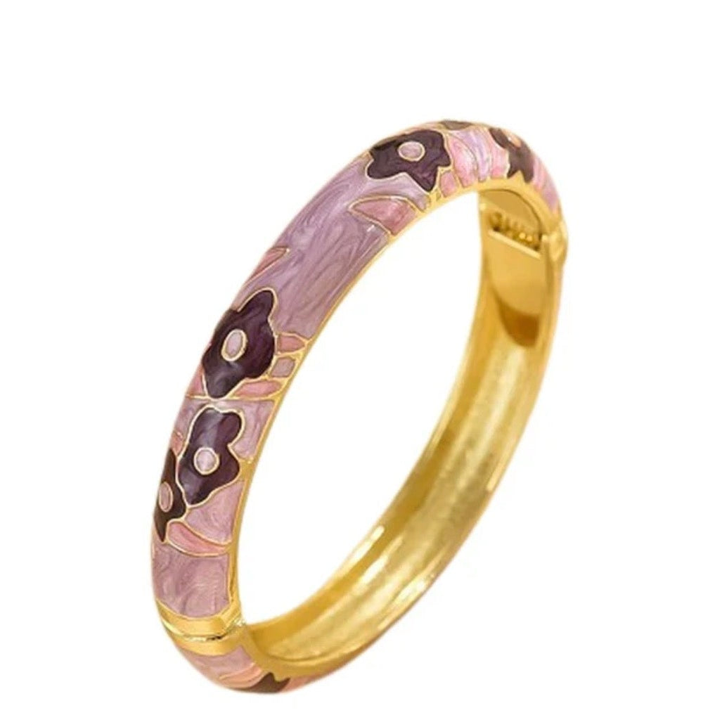 Bracelet Jonc Émail Mauve Fleurs – Plaqué Or 18k