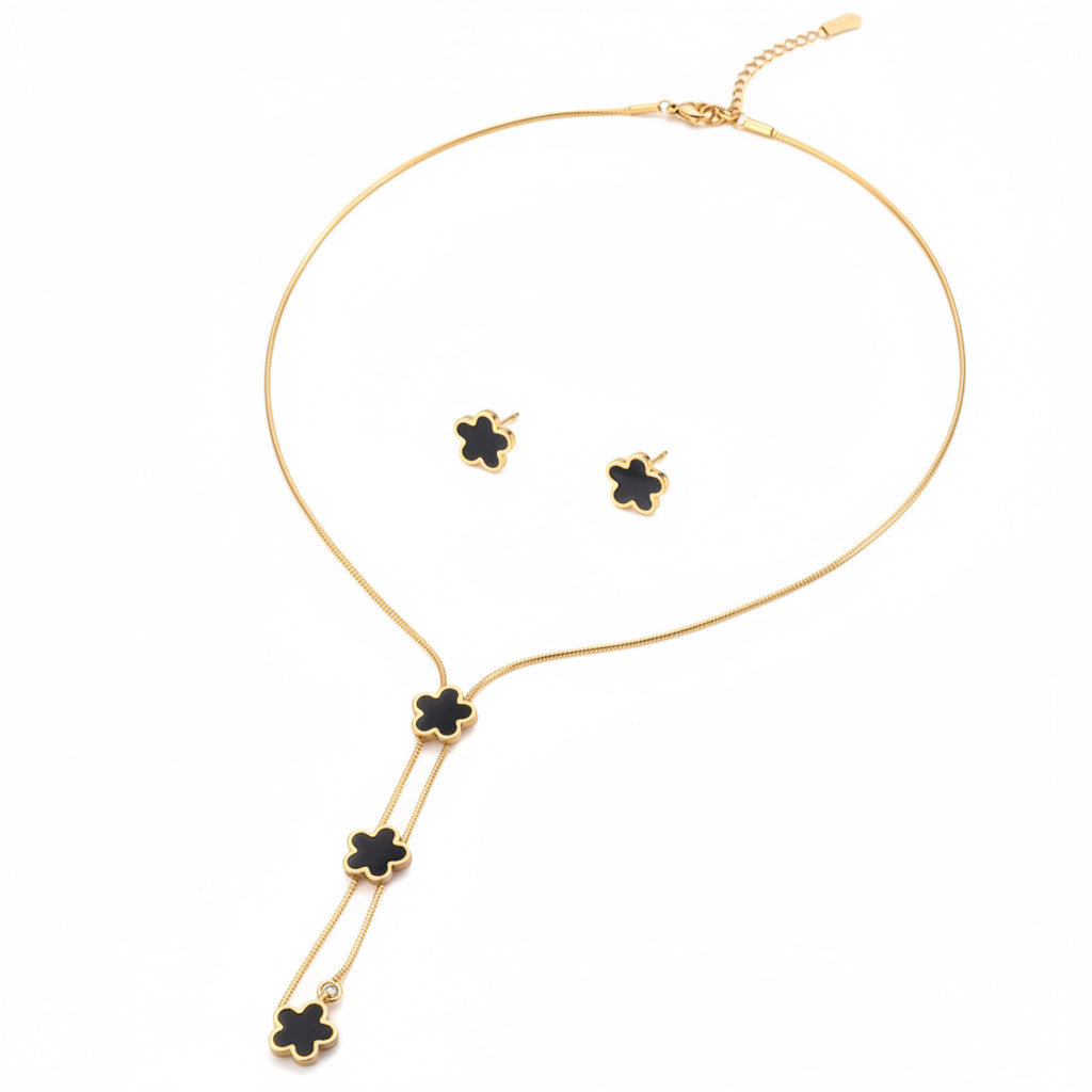 Parure Collier Boucles d'Oreilles Acier Inoxydable Doré - Fleurs Nacre Noir