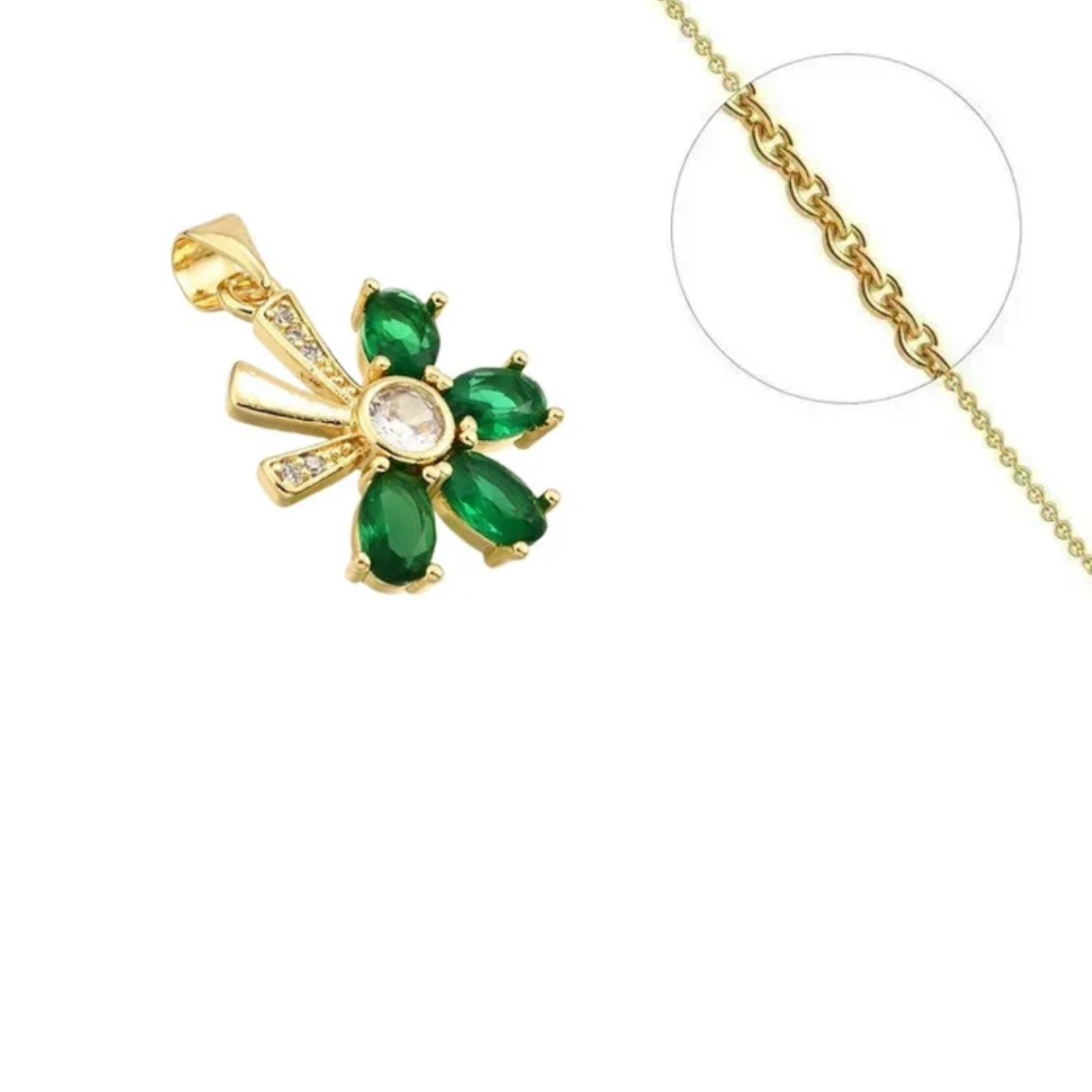Collier fleur vert zirconiums sertis plaqué or