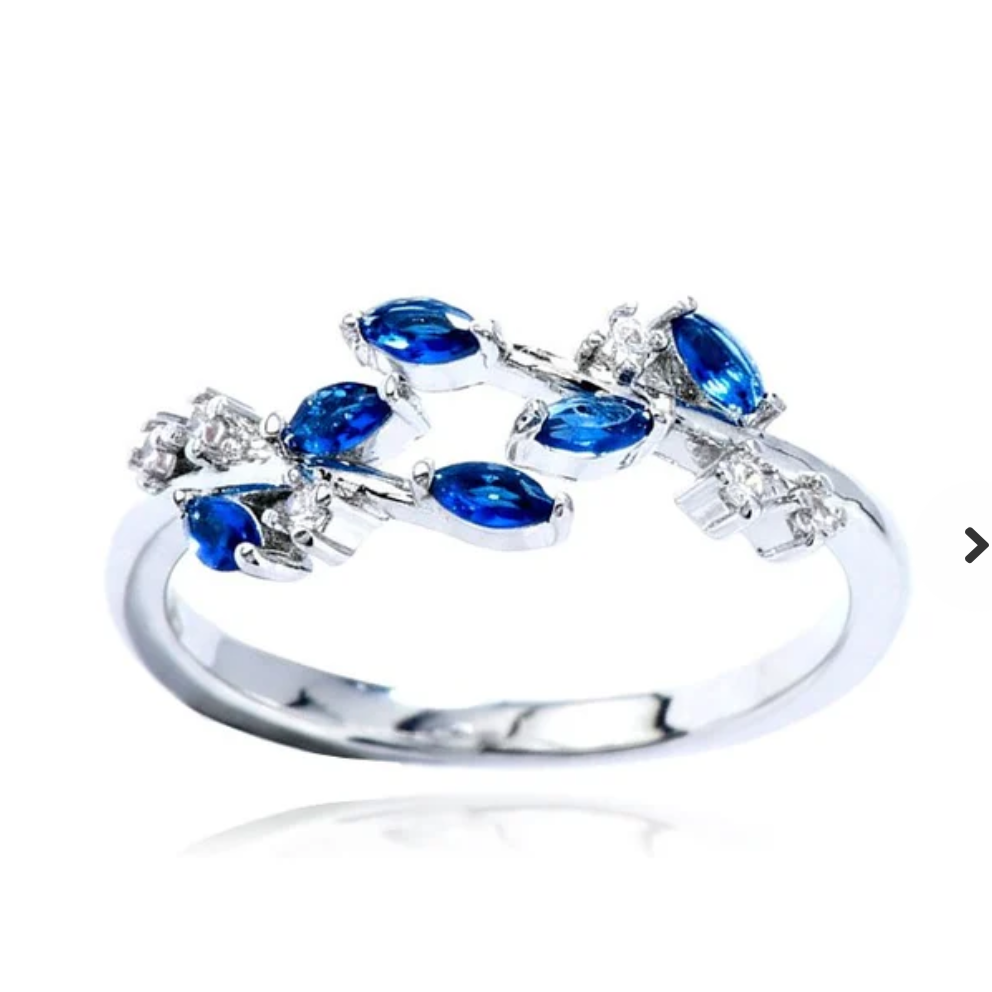 Bague Femme Réglable Feuilles Oxydes Bleu & Blanc Plaqué Or