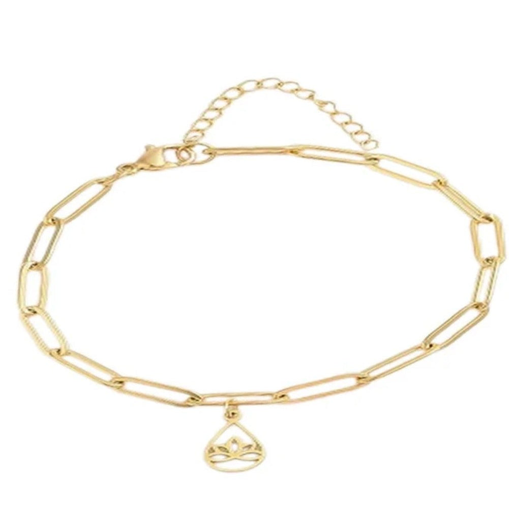 Bracelet Femme Souple Breloque Lotus Acier Doré Or 18K – 16+5 cm