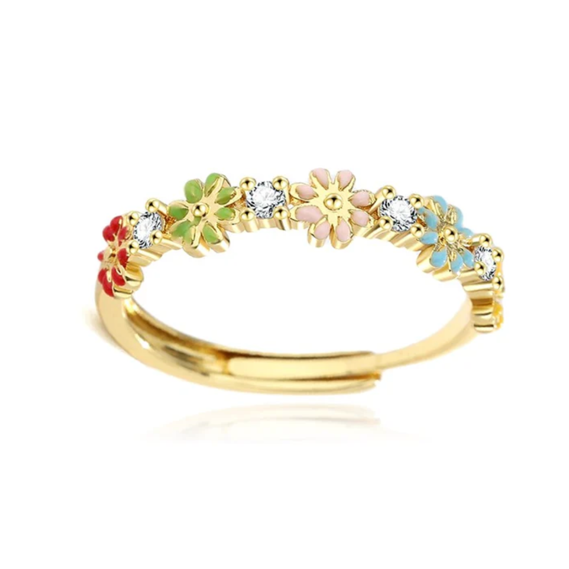 Bague reglable ornee de fleurs marguerite multicolores plaqué or