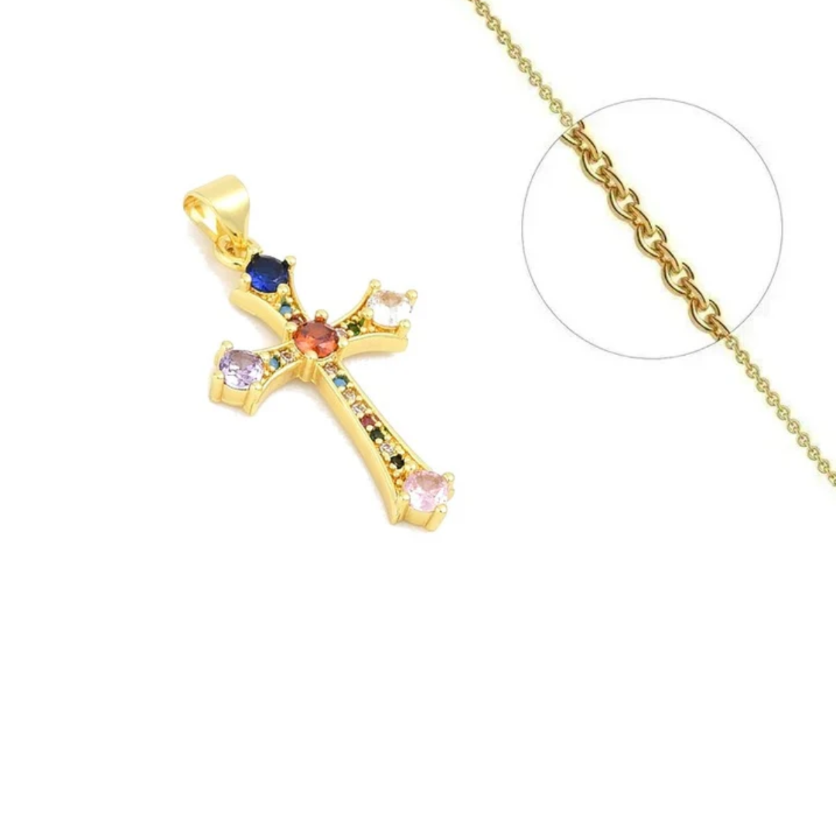 Collier croix coloree zirconiums sertis plaqué or