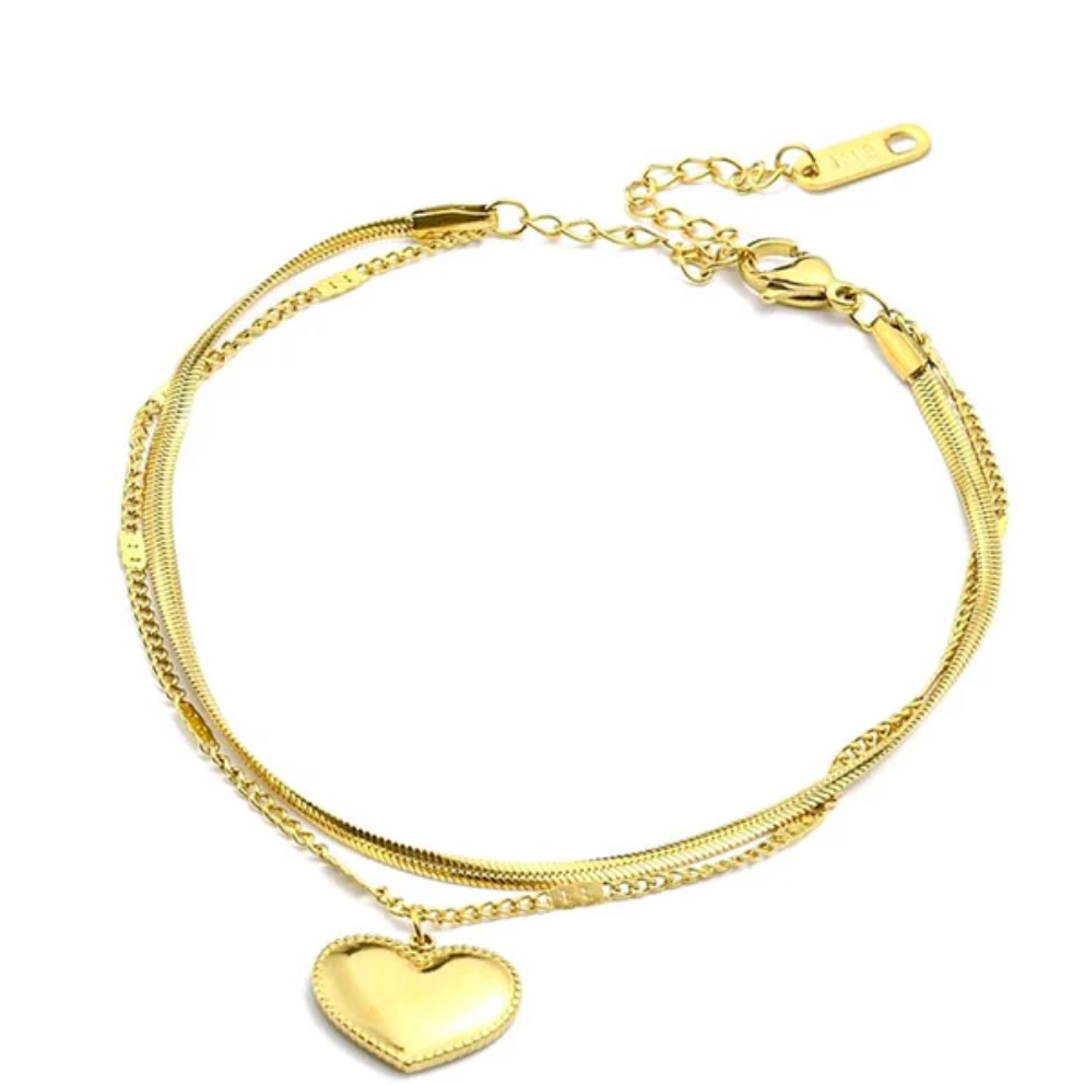 Bracelet Acier Inoxydable Doré Double Chaîne Breloque Cœur Gravé Love You