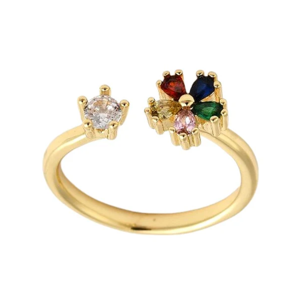 Bague Femme Réglable Fleur Oxydes de Couleurs Sertis Plaqué Or