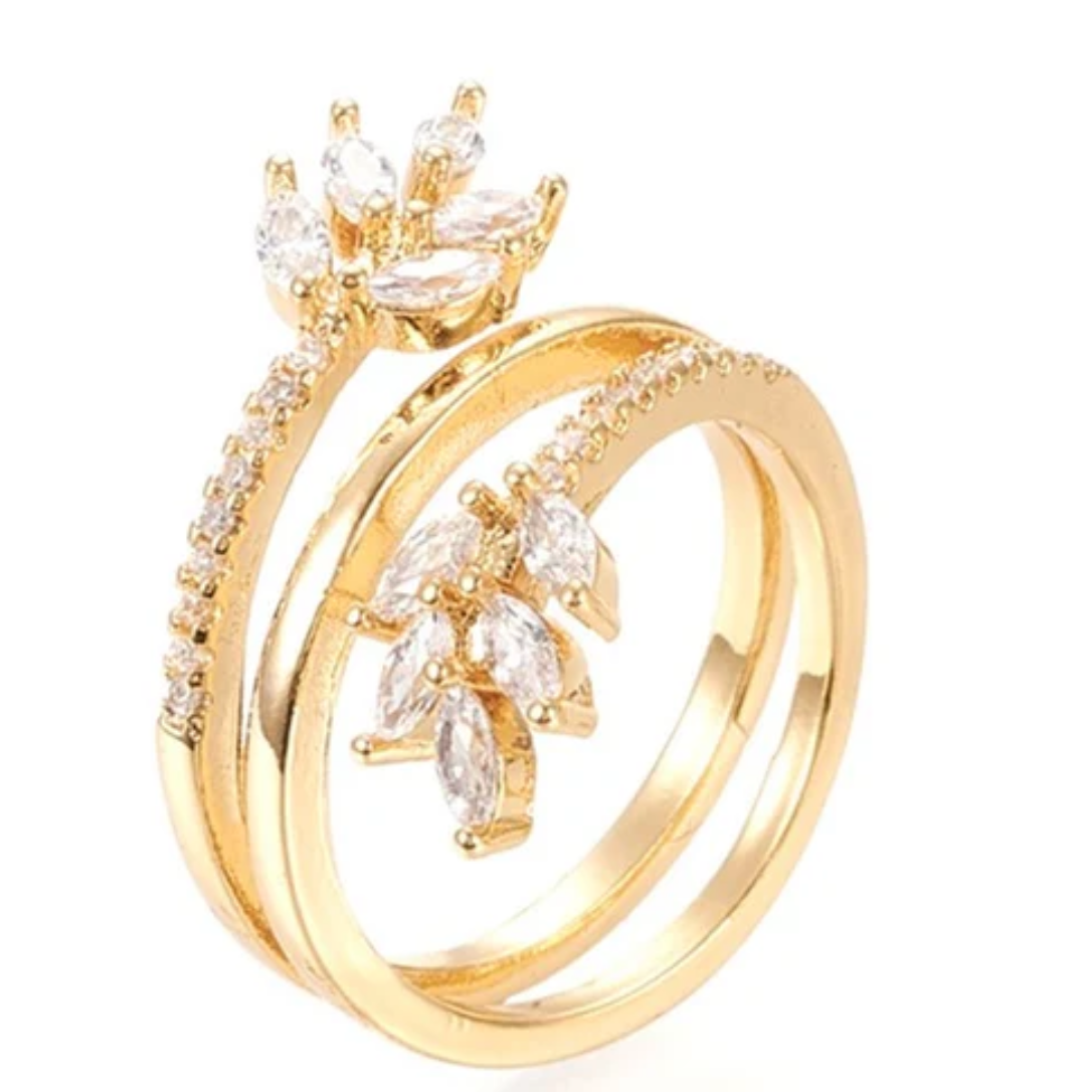 Bague Femme Réglable Feuilles Diamant CZ