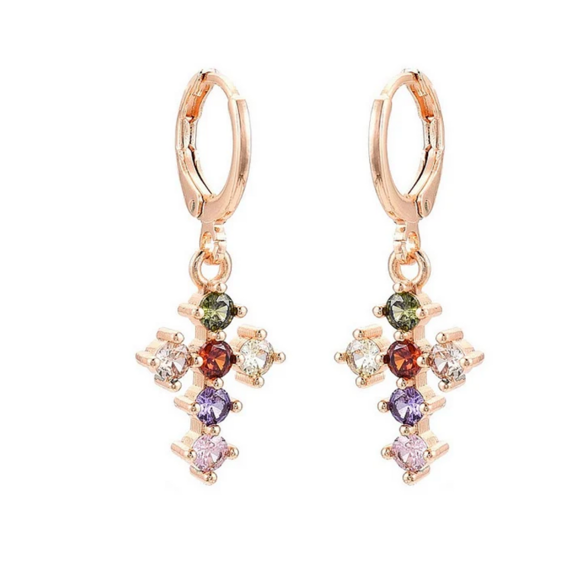 Boucles d'oreilles creoles croix zirconiums multicolores plaqué or rose