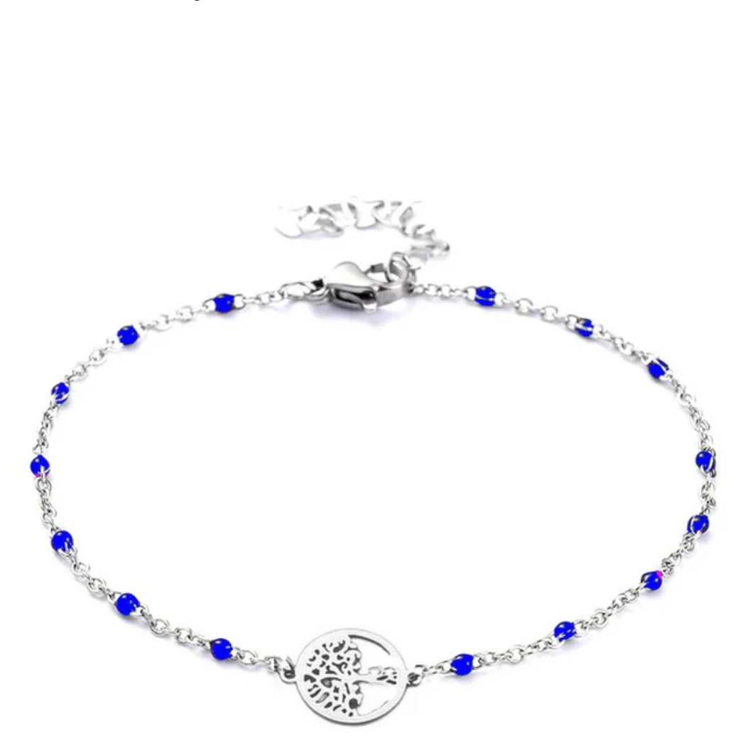 Bracelet Acier Inoxydable Maille Forçat Perles Bleu Arbre de Vie