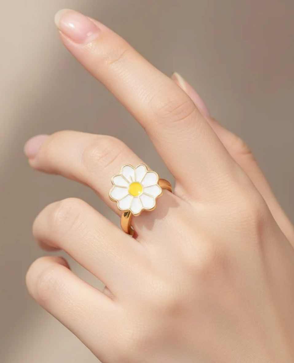 Bague Femme Réglable Fleur Marguerite Émail Blanc & Jaune Plaqué Or
