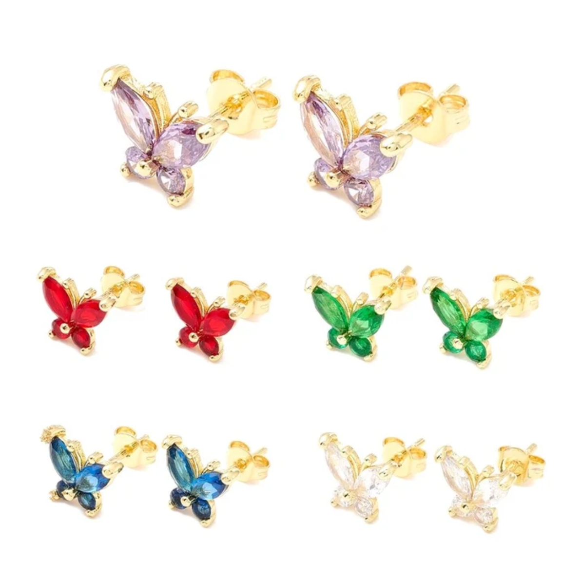Lot de 5 paires de boucles d'oreilles papillon plaquées or avec cristaux colorés