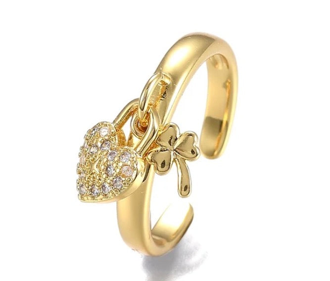 Bague chance et amour  plaqué or coeur & trefle