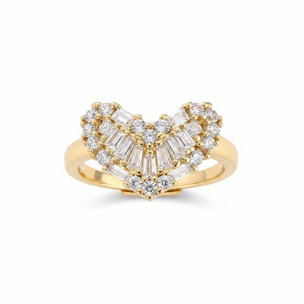 Bague cœur serti zirconiums baguettes plaqué or