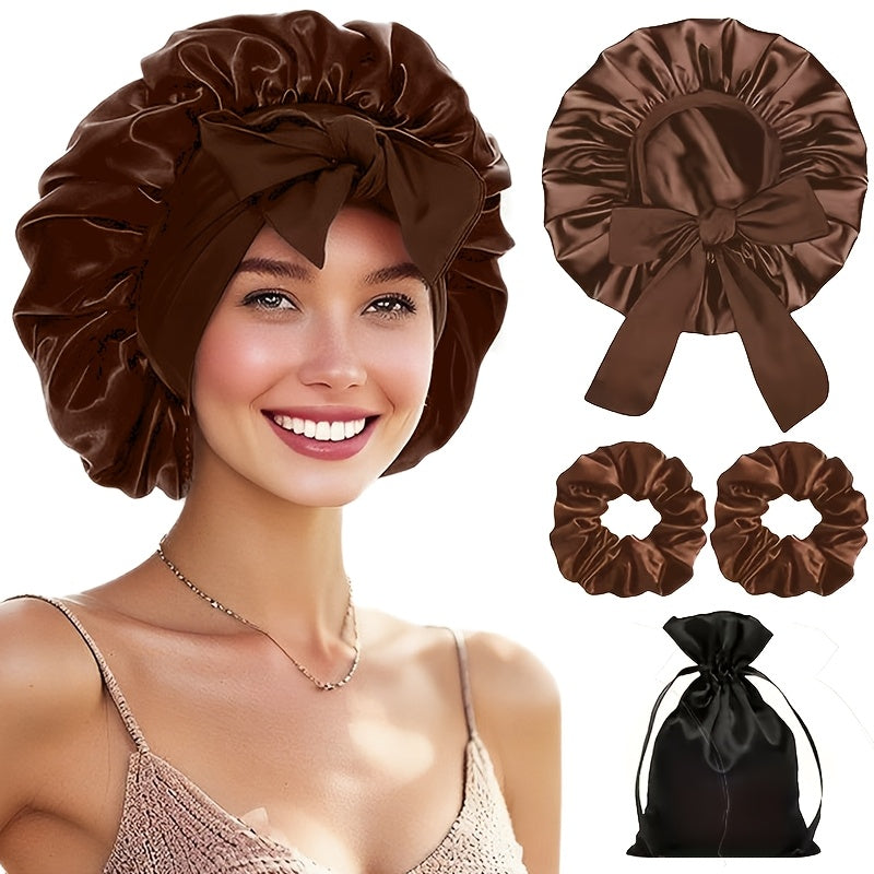 Set 4pcs Bonnet Satin Cheveux avec Chouchous et Pochette - Bonnet Nuit Anti-Frisottis Nœud Papillon Doux Boucles Tresses Dreadlocks Sleeping Cap Soin Cheveux