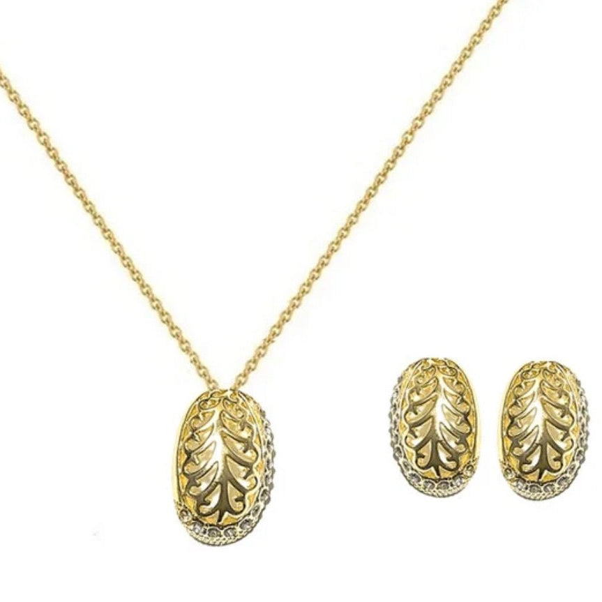 Parure Collier & Boucles d'Oreilles Feuille Plaquée Or