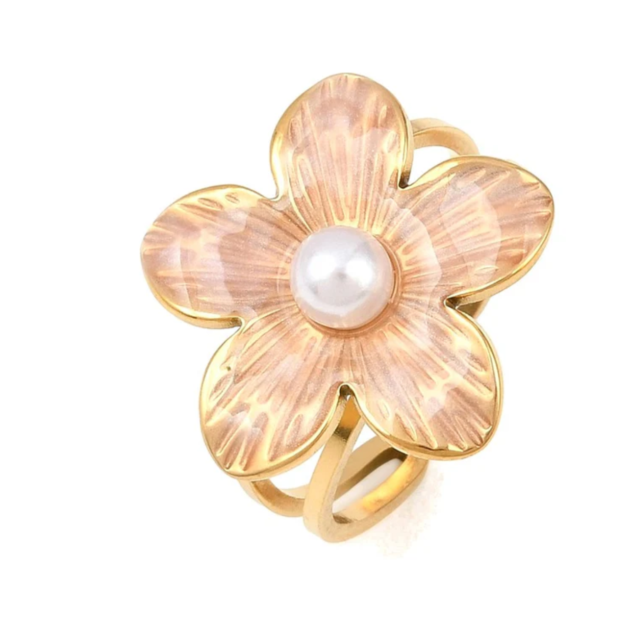 Bague Acier Inoxydable Doré - Motif Fleur avec Perle - Taille Réglable