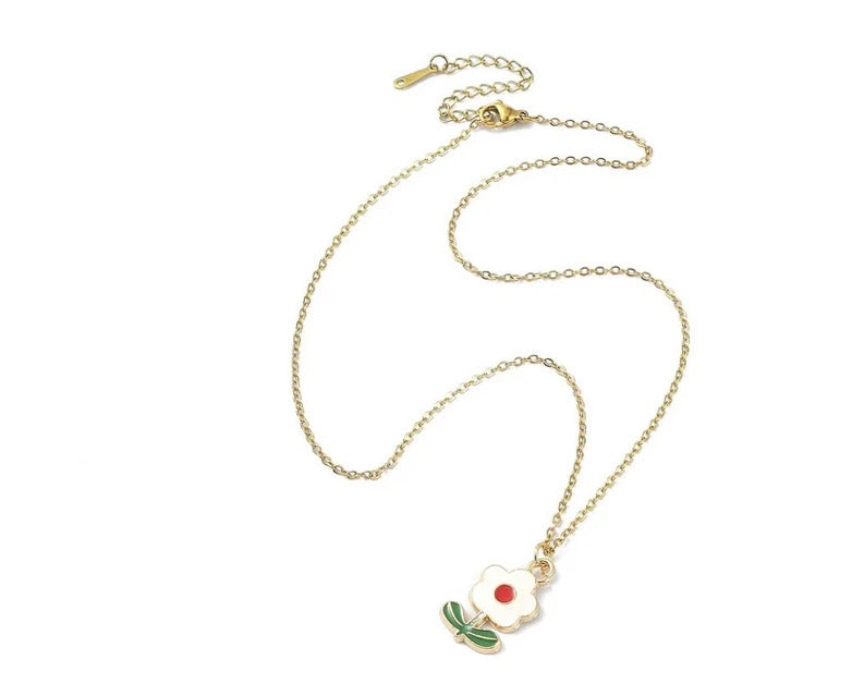 Collier Acier Inoxydable Doré - Pendentif Fleur Rouge Émail - SKU Ca 0063