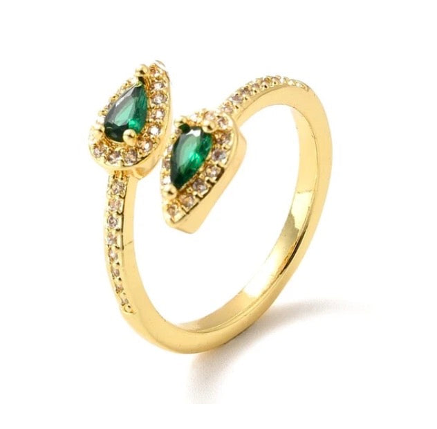 Bague ouverte double goutte zirconiums verts plaqué or